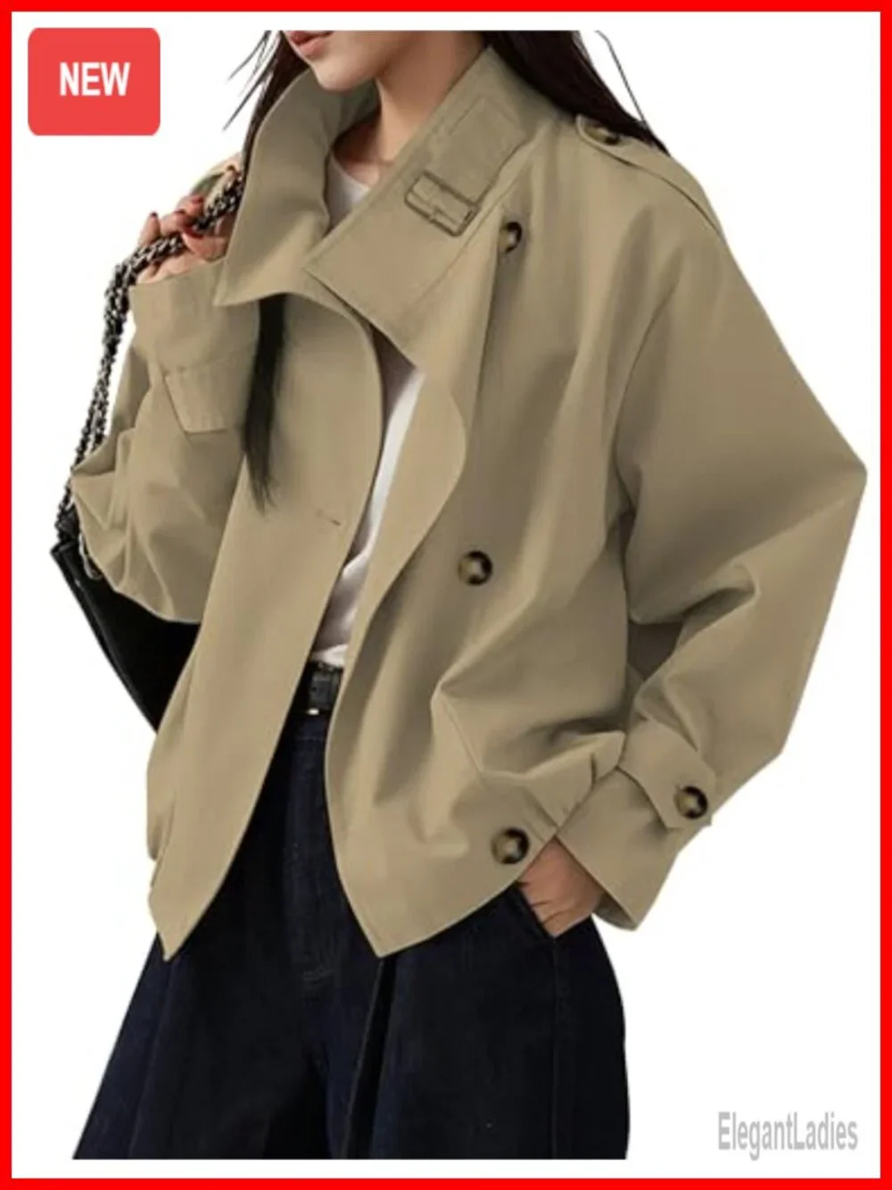 Trendy Vintage Trench Coat Crop Jacket with Pockets